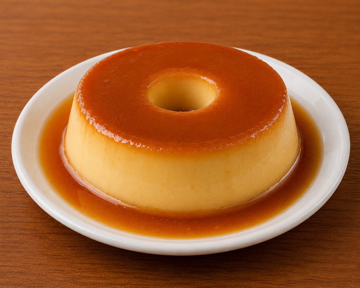 Mini pudim de leite com calda de caramelo em prato branco